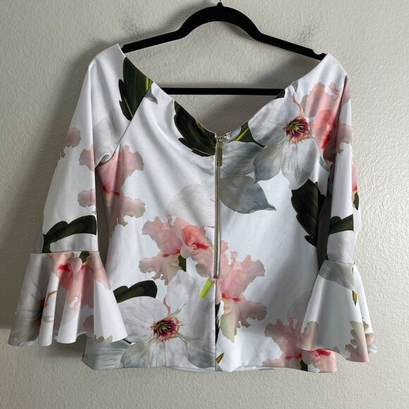 NEW Ted Baker Womens Medium Chatsworth Bloom Floral Off Shoulder Bell Sleeve Top - Picture 16 of 16